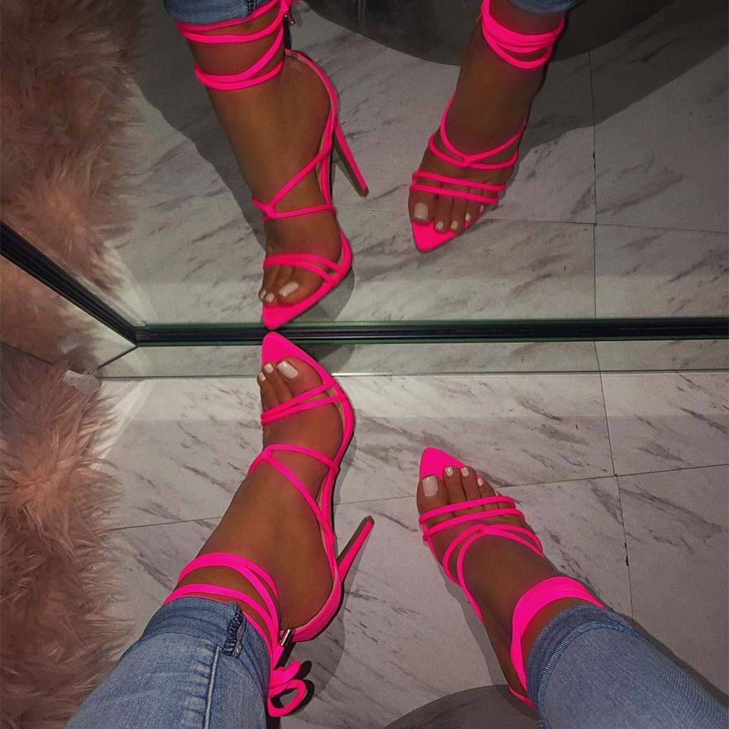 Hot Pink Strappy High Heel Sandals Pointed Toe Sexy Party Shoes|FSJshoes