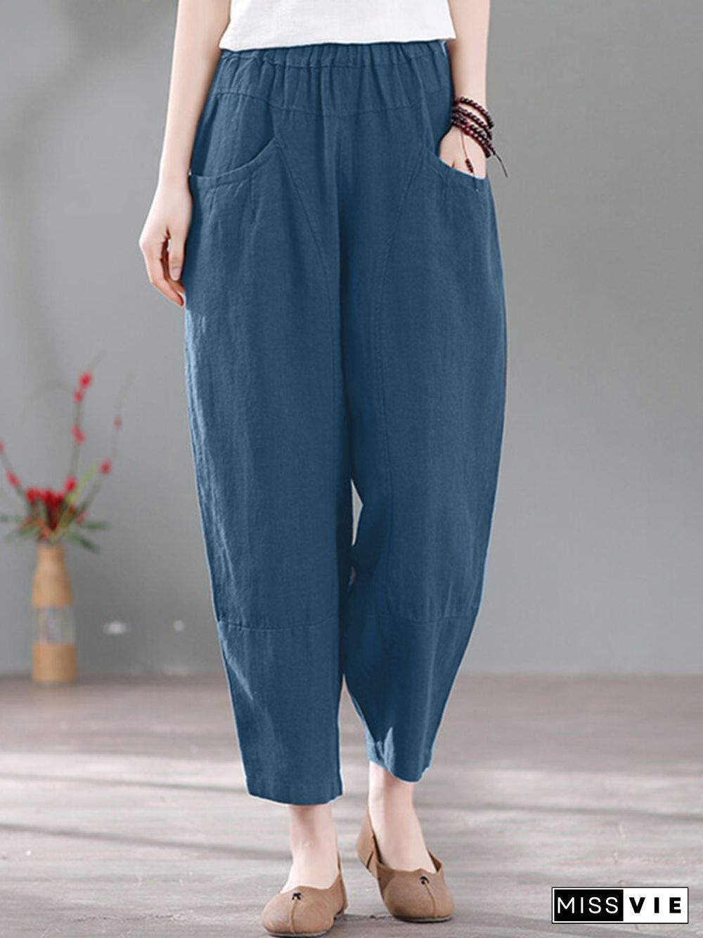 Solid Pocket Casual Cotton Pants