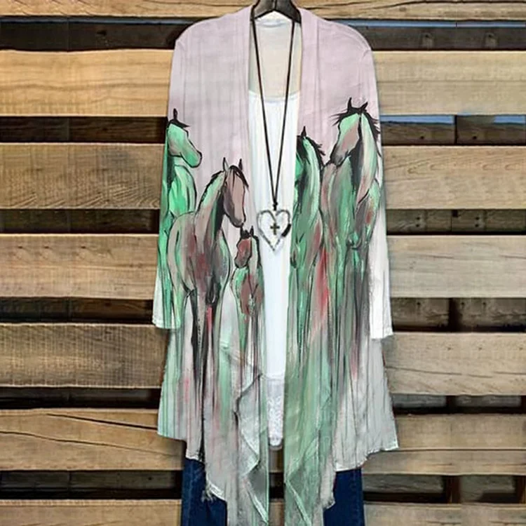 VChics Western Horse Print Long Sleeve Kimono