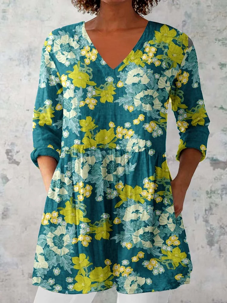 Women's Classic Round Neck Floral Pattern Cotton and Linen Top