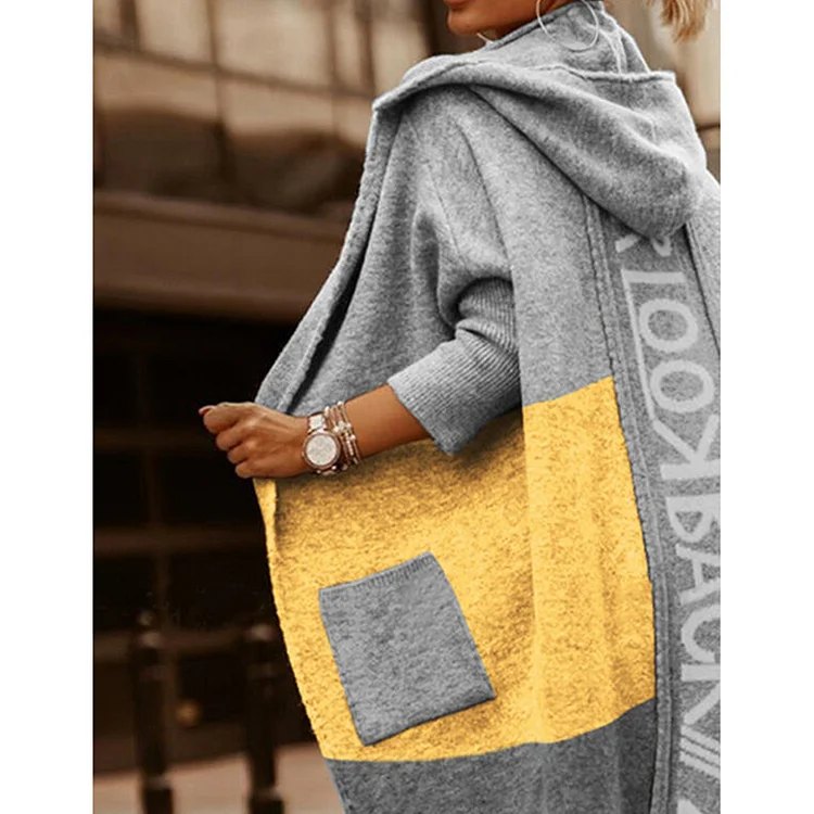 Fashion Colorblock Letter Hooded Cardigan