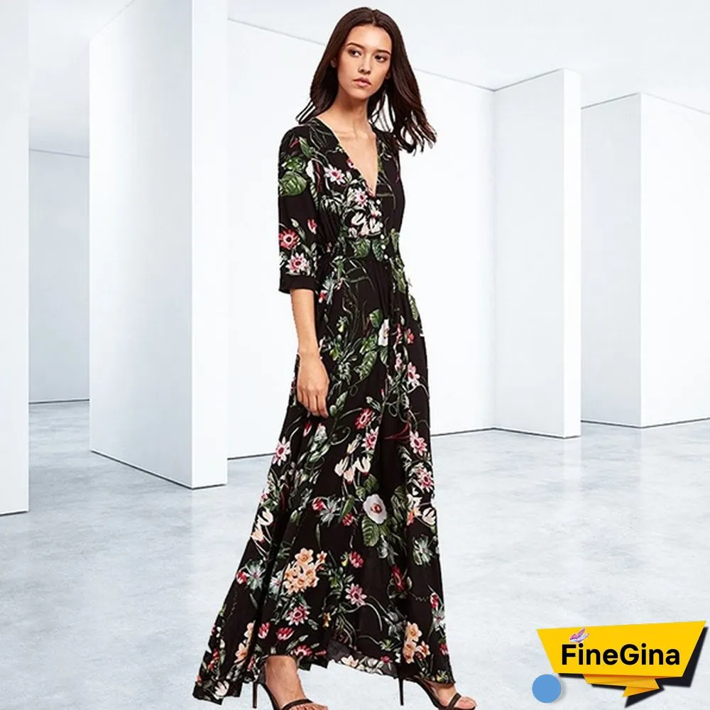 Womens Fashion Bohemian V Neck Print Big Swing Long Dress Plus Size