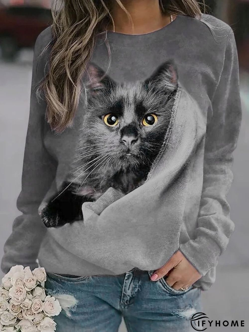 Cat Crew Neck Raglan Sleeve Casual Sweatshirt | IFYHOME