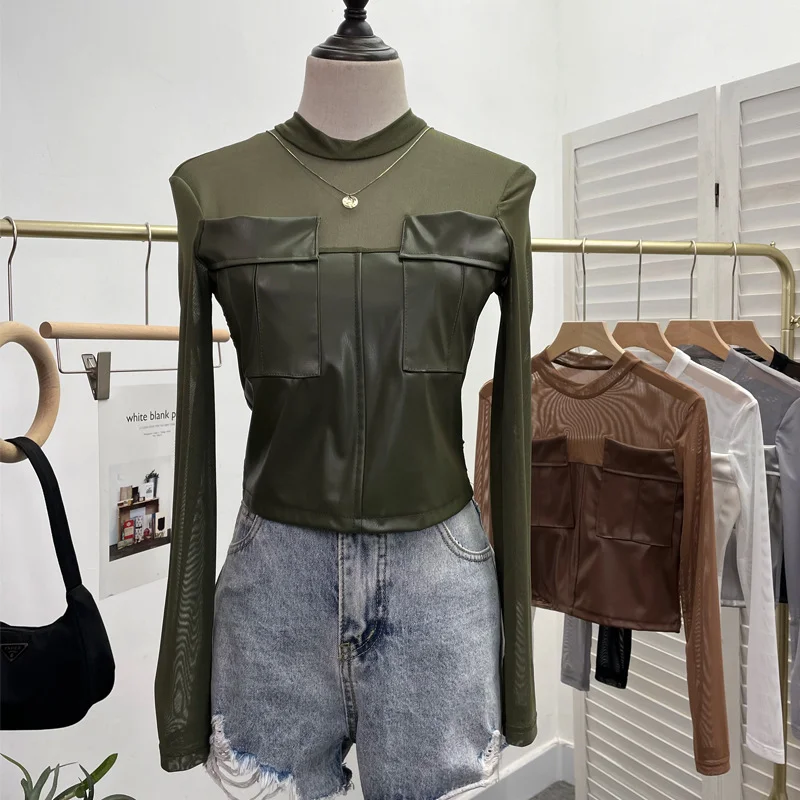 Uveng Sexy Micro-Permeable Mesh Splicing Pu Skin Bottom Shirt Women Autumn And Winter Body Repair Short Long-Sleeved T-Shirt Top 8975