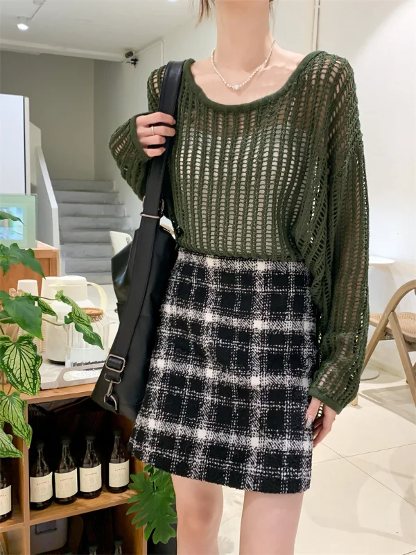 Vintage See-Through Knit Long Sleeve Blouse - yankia