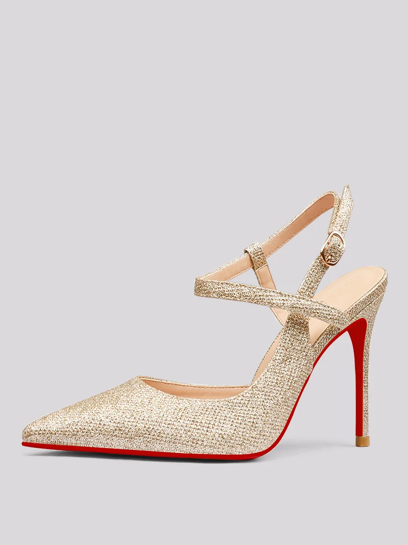 100mm Women Slingback Pumps Ankle Strap Jenlove Stiletto Mid Heel Close Pointed Toe Dress Red Bottoms Shoes