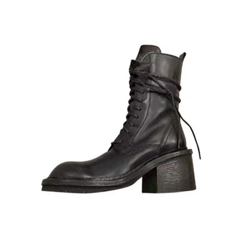 Lace-Up Women Mid-Calf Boots Winter Crude Heel Outdoor Boots Female Zipper-Sid Platform British Style Women Leather Shoes