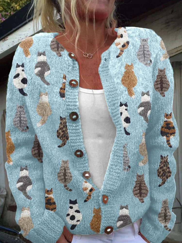 Cute Cats Embroidery Pattern Cozy Knit Cardigan