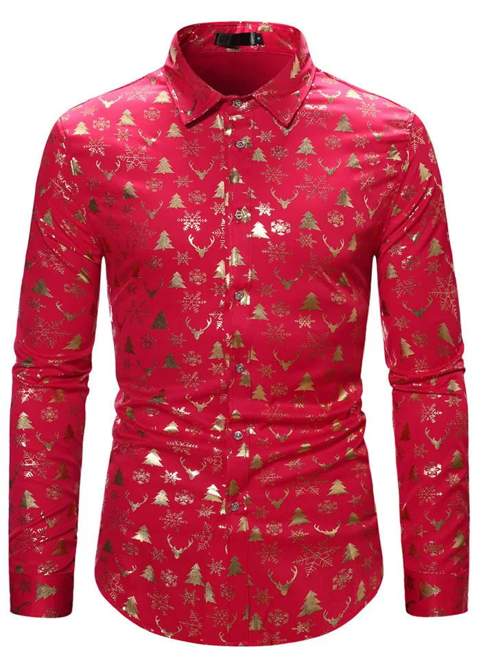 New Casual Solid Color Color Blocking British Christmas Shirt Men's Hot Gold Long-sleeved Seasonal Single-breasted Shirt Cardigan-Cosfine