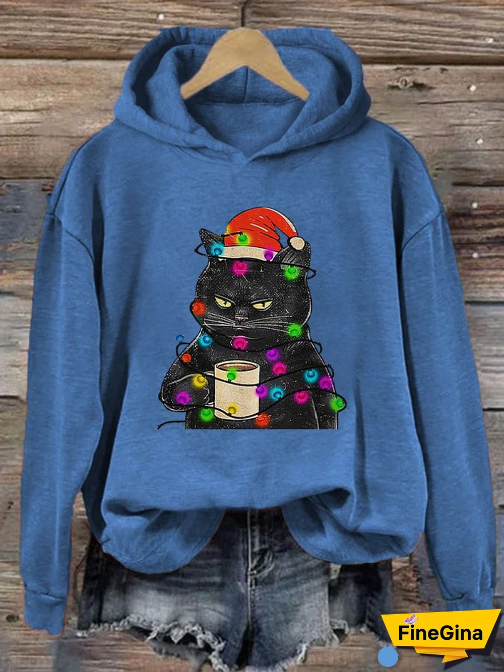 Women's Christmas Lights Black Cat Fun Print Casual Hoodie