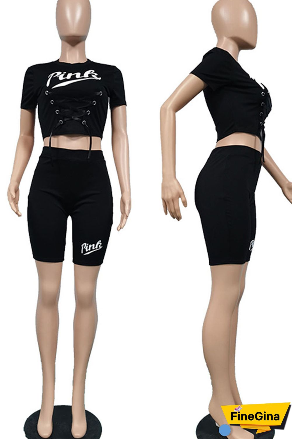 Black Casual Sportswear Print Bandage Patchwork O Neck Short Sleeve Two Pieces