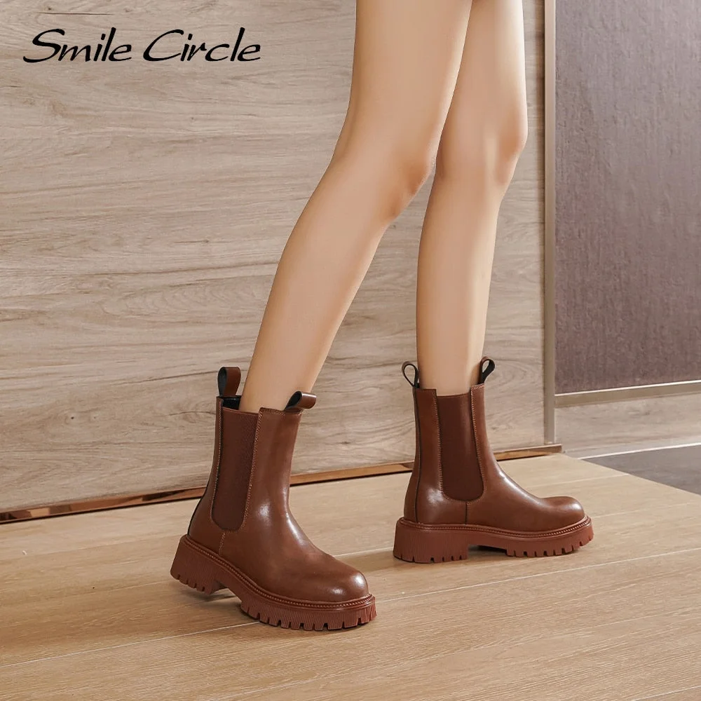 Smile Circle Cow Leather Ankle Boots women Chelsea Boots Casual Fashion Comfortable platform Short Boots Ladies Shoes 2021