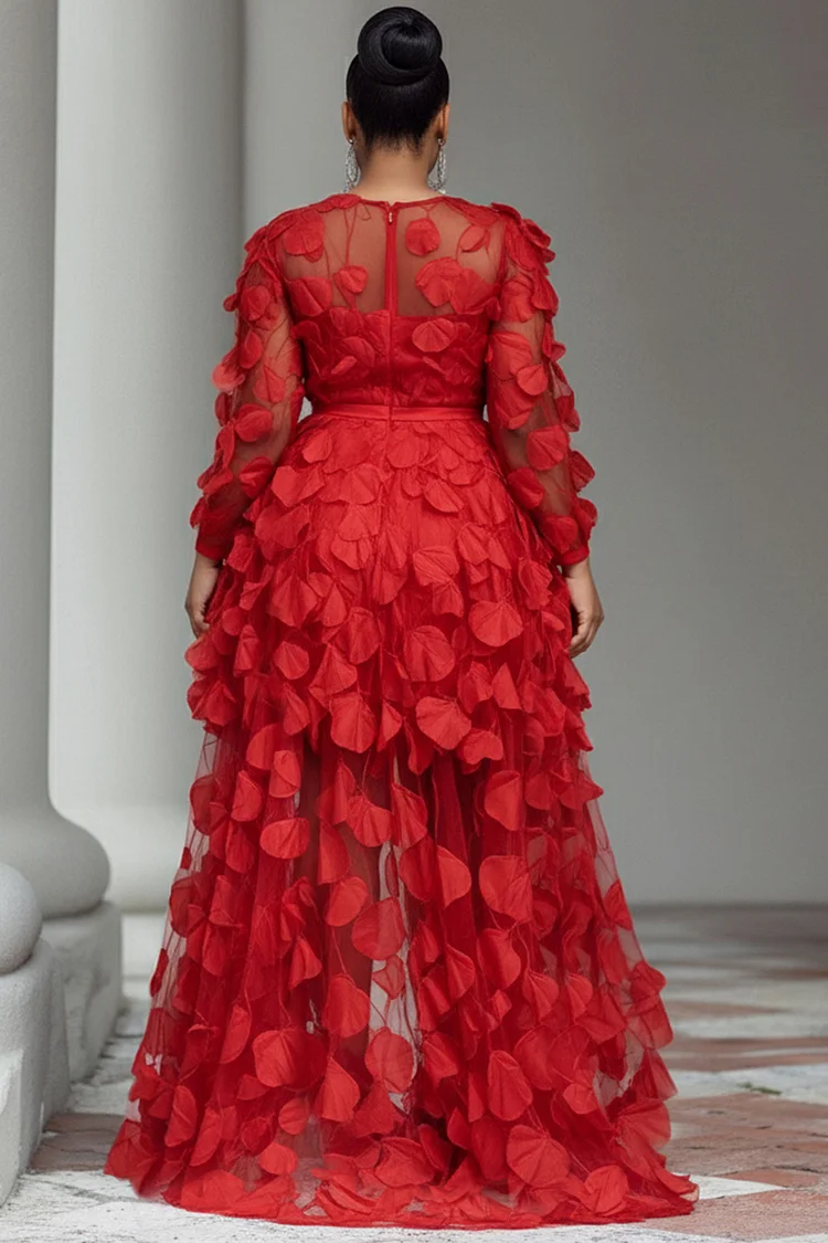 Xpluswear Design Plus Size Party Red Round Neck Long Sleeve High Low Hem Elegant See Through Tulle Mini Dresses [Pre-Order]