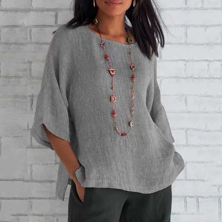 3/4 Sleeve Round Neck Cotton and Linen T-Shirt
