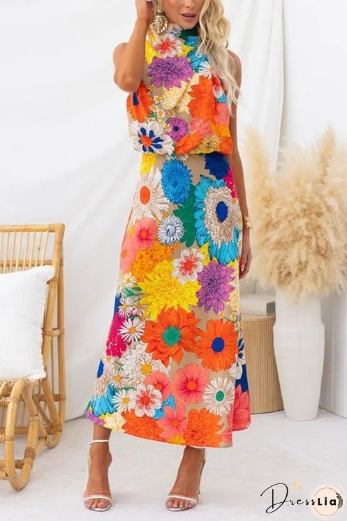 Meridress Sleeveless Tie Neck Waisted Floral Print Maxi Dress