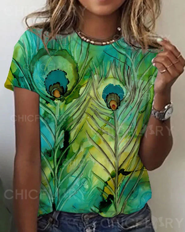 Women's Peacock  Pattern Crew Neck T-shirt