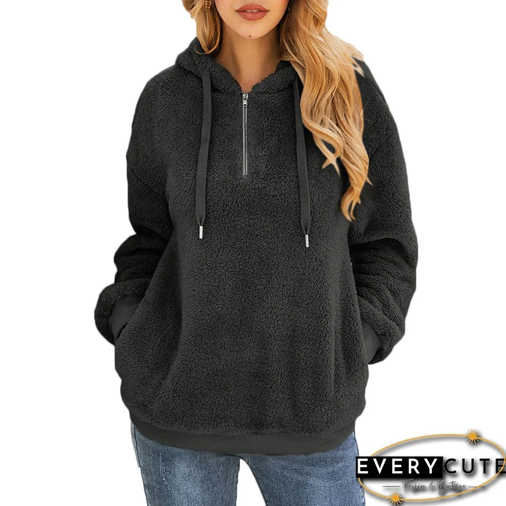 Gray 1/4 Zipper Furry Hoodie with Pockets