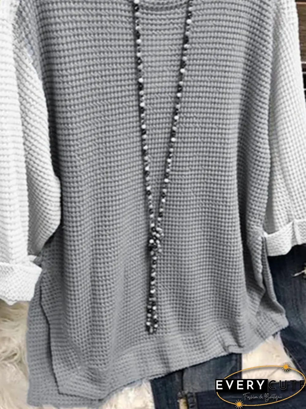 Blue Long Sleeve Cotton-Blend Round Neck Sweater