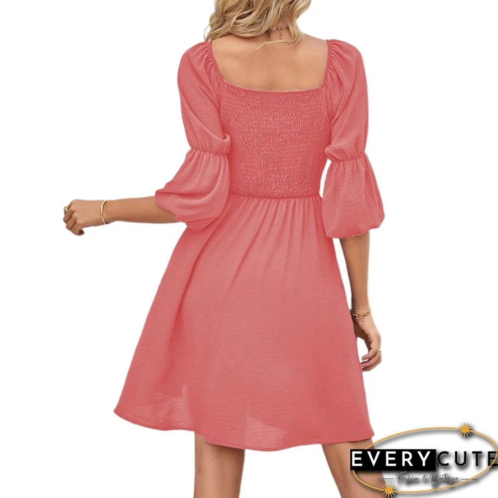 Light PinkPleated Square Neck Puff Sleeve Dress