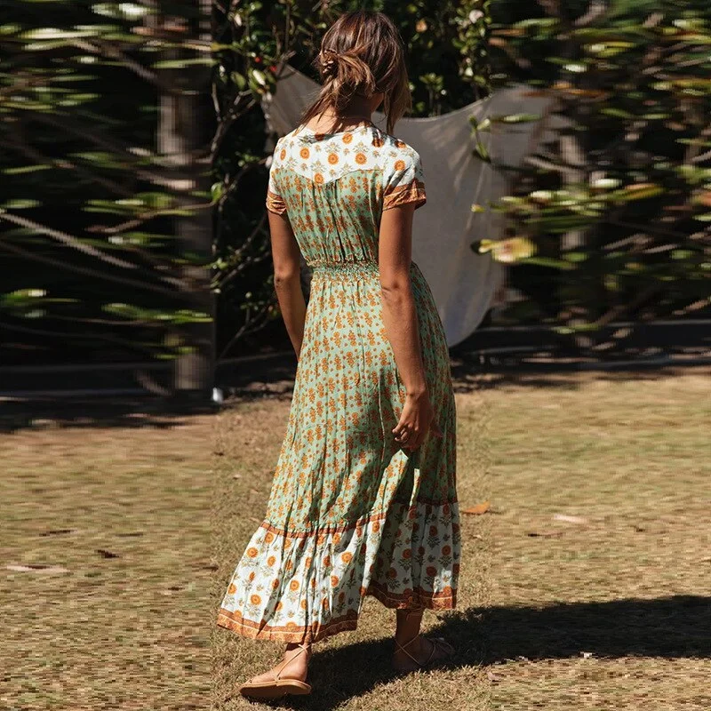 bohemian women cotton dress 2021 summer short sleeve aline elegant dresses femme sling button holiday print dress rode vestido