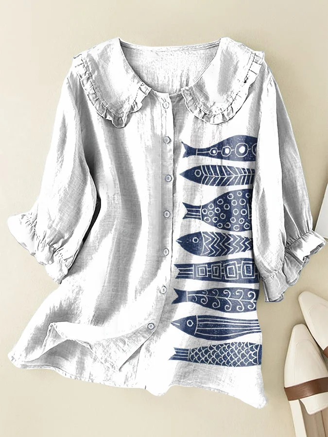 Fish Cotton Linen Peter Pan Ruffle Collar Shirt