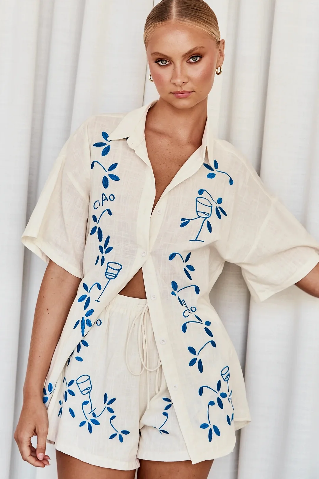 Brownm Brownm Spring And Summer New 3D Stereo Embroidery Comfortable Casual Shirt Short Suit-88189