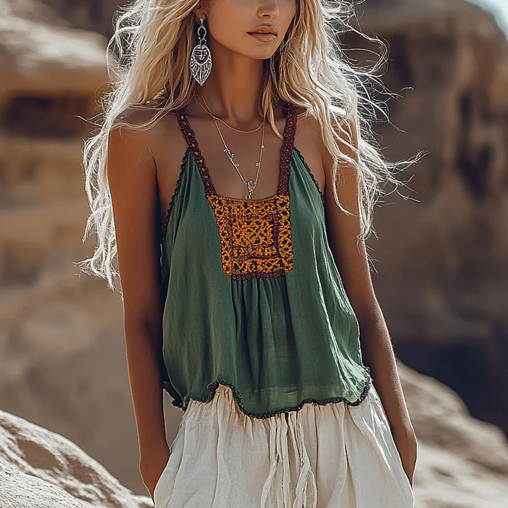 Girls' Bohemian Vintage Summer Linen Print Patchwork Comfortable Camisole