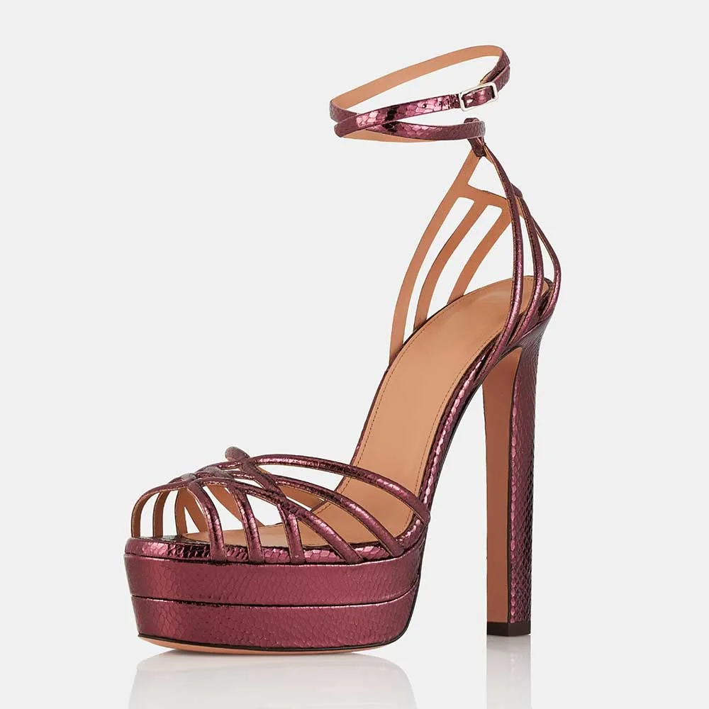 Purple Metallic Strappy Snake Print High Heels Sandals with Platform