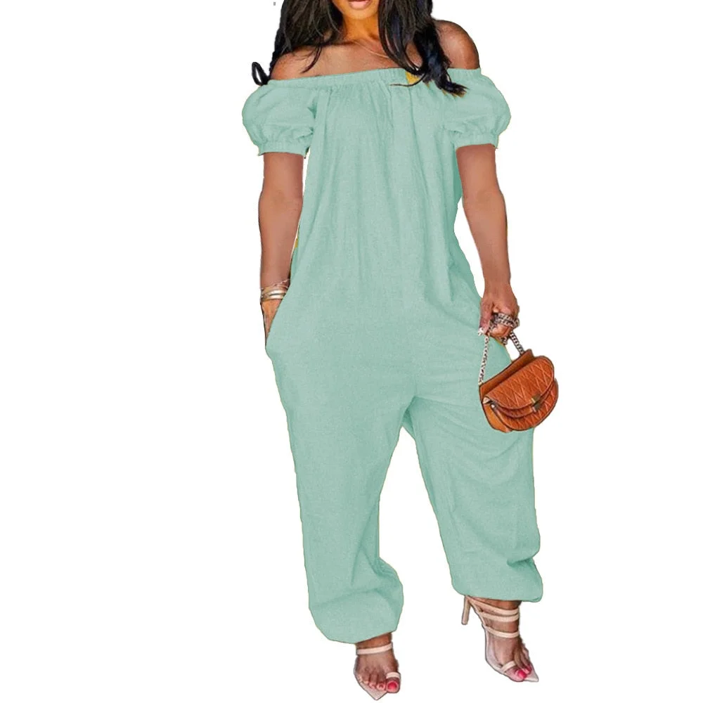 Plus Size S-4xl Jumpsuit Women Elegance Wholesale Off Shoulder Solid Short Sleeve Loose Overalls One Piece Outfits Dropshpping