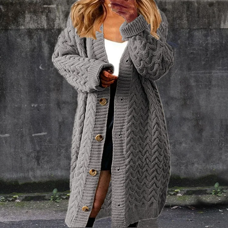 Solid Color Loose Mid Length Twist Button Sweater Cardigan