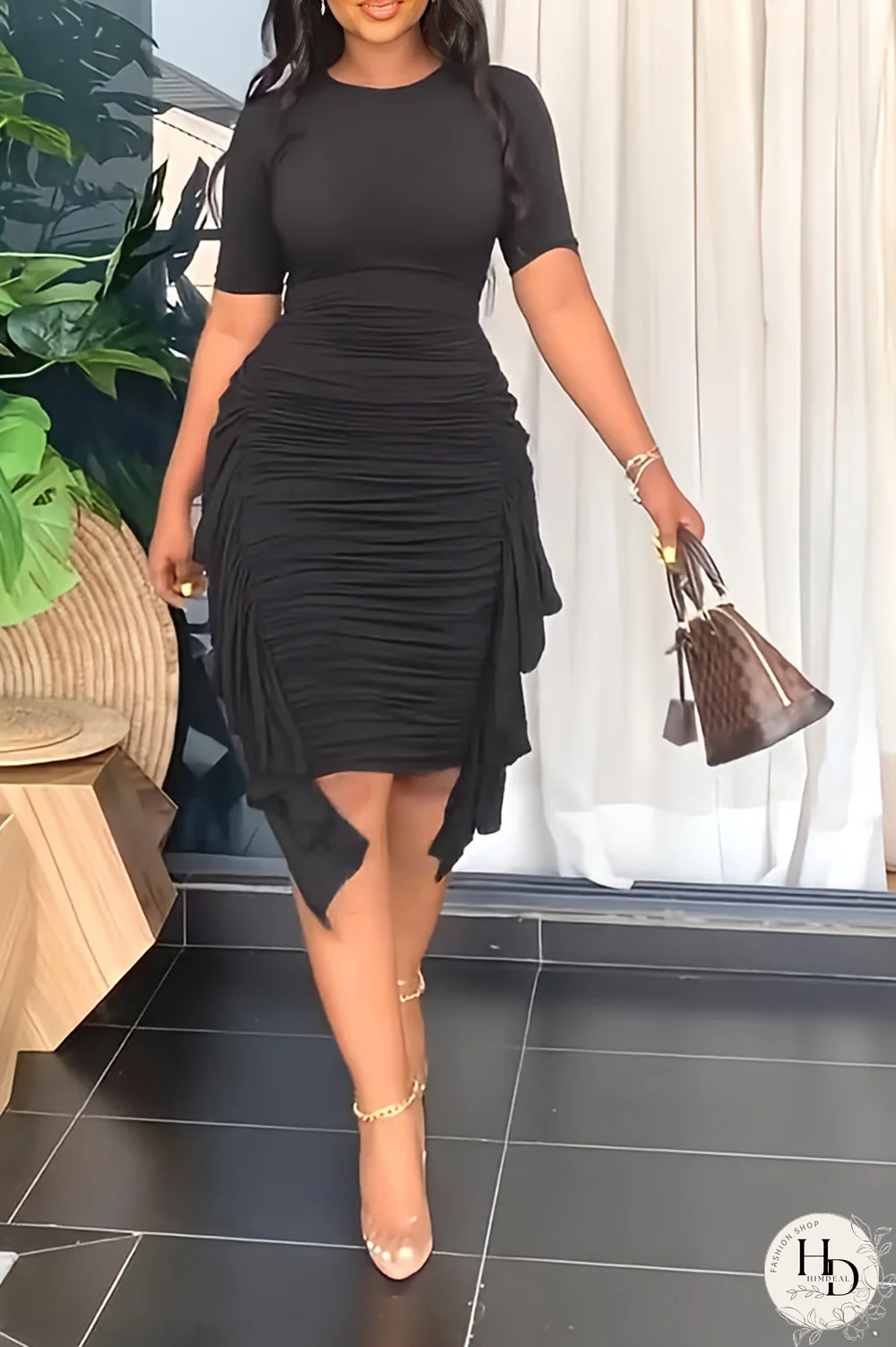 Sky Blue Fashion Solid Flounce Fold O Neck Pencil Skirt Dresses