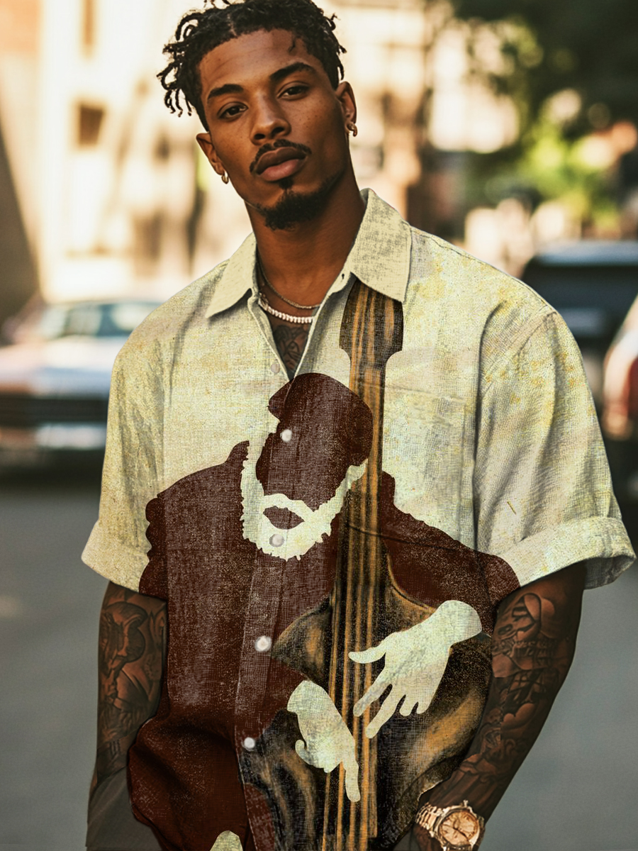 Vintage African Jazz Painting Art Print Casual 100% Cotton Shirt