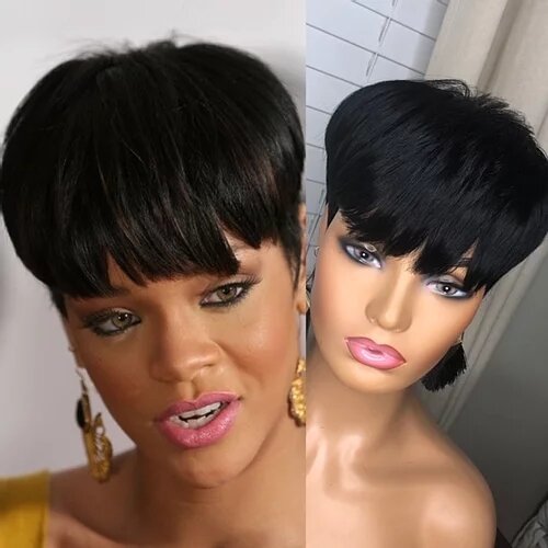🔥Hot| Hot Sale🔥Human Hair Lace Glueless Black Short Wavy Bob Pixie Cut With Bangs US Mall Lifes