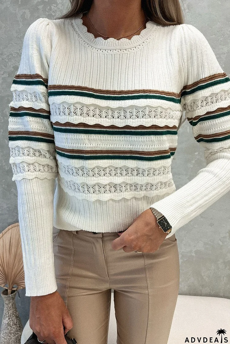 Striped Ribbed Scalloped Detail Knit Sweater