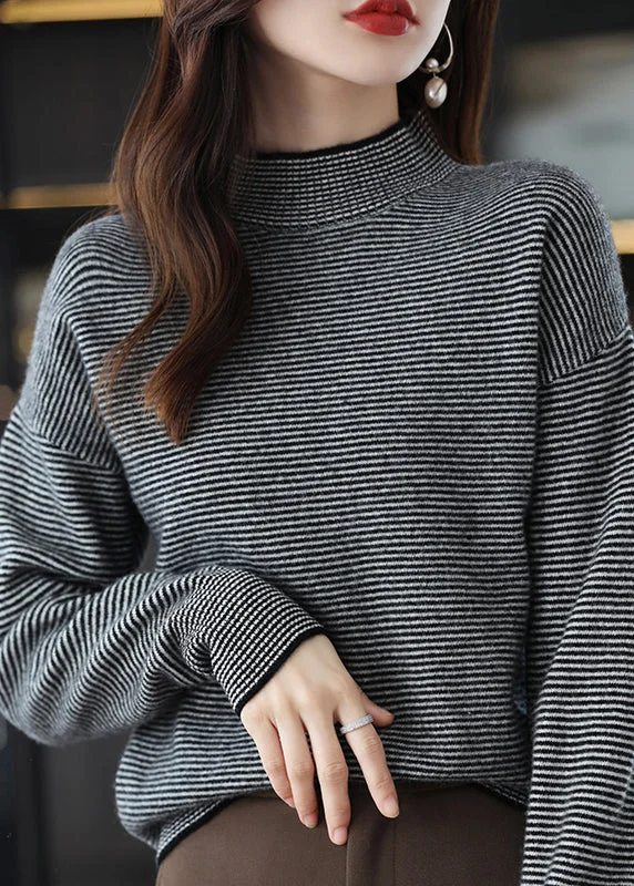 Casual Black Turtleneck Striped Patchwork Woolen Knit Top Long Sleeve