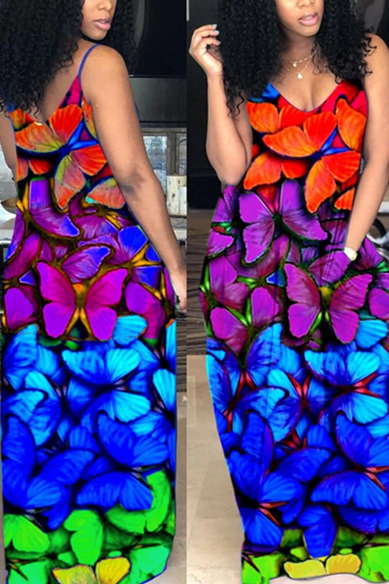 Fashion Rainbow Butterfly Printing Sling Dress