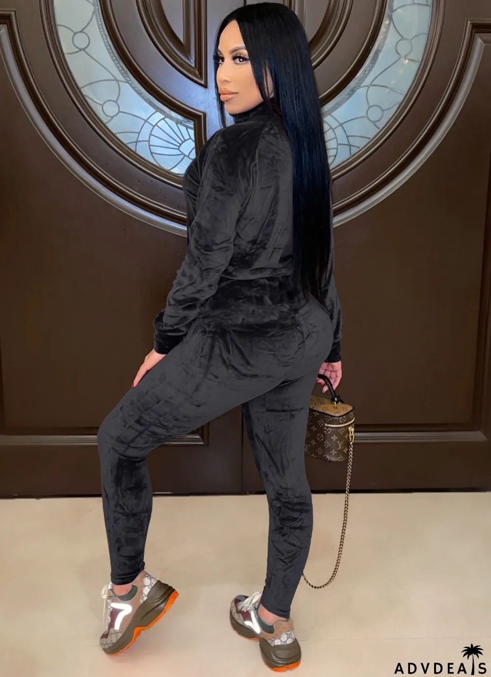 Winter Black Velvet Zipper Two Piece Tracksuit