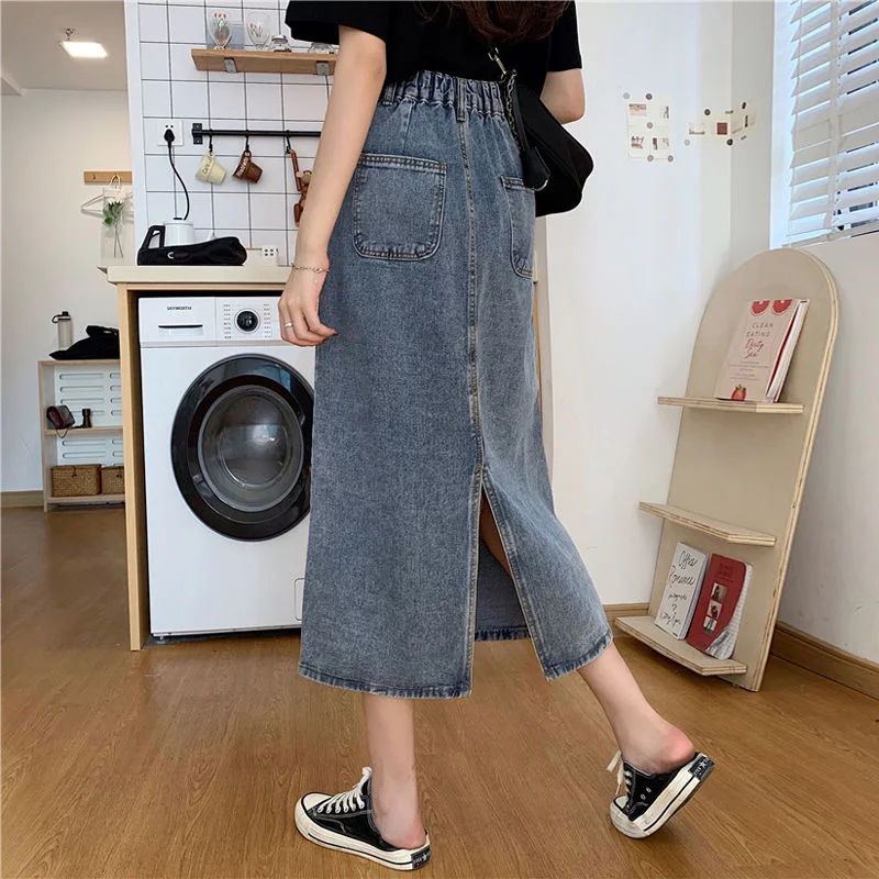 Tanguoant Skirts Women Retro High-waist Back-split Students All-match A-line Medium-long Chic Simple Fashion Washed Korean Ins Daily