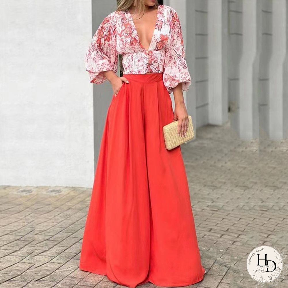 Sexy V-neck Print Blouse And Long Pants Outfits Women Elegant Puff Sleeve Two Piece Suit