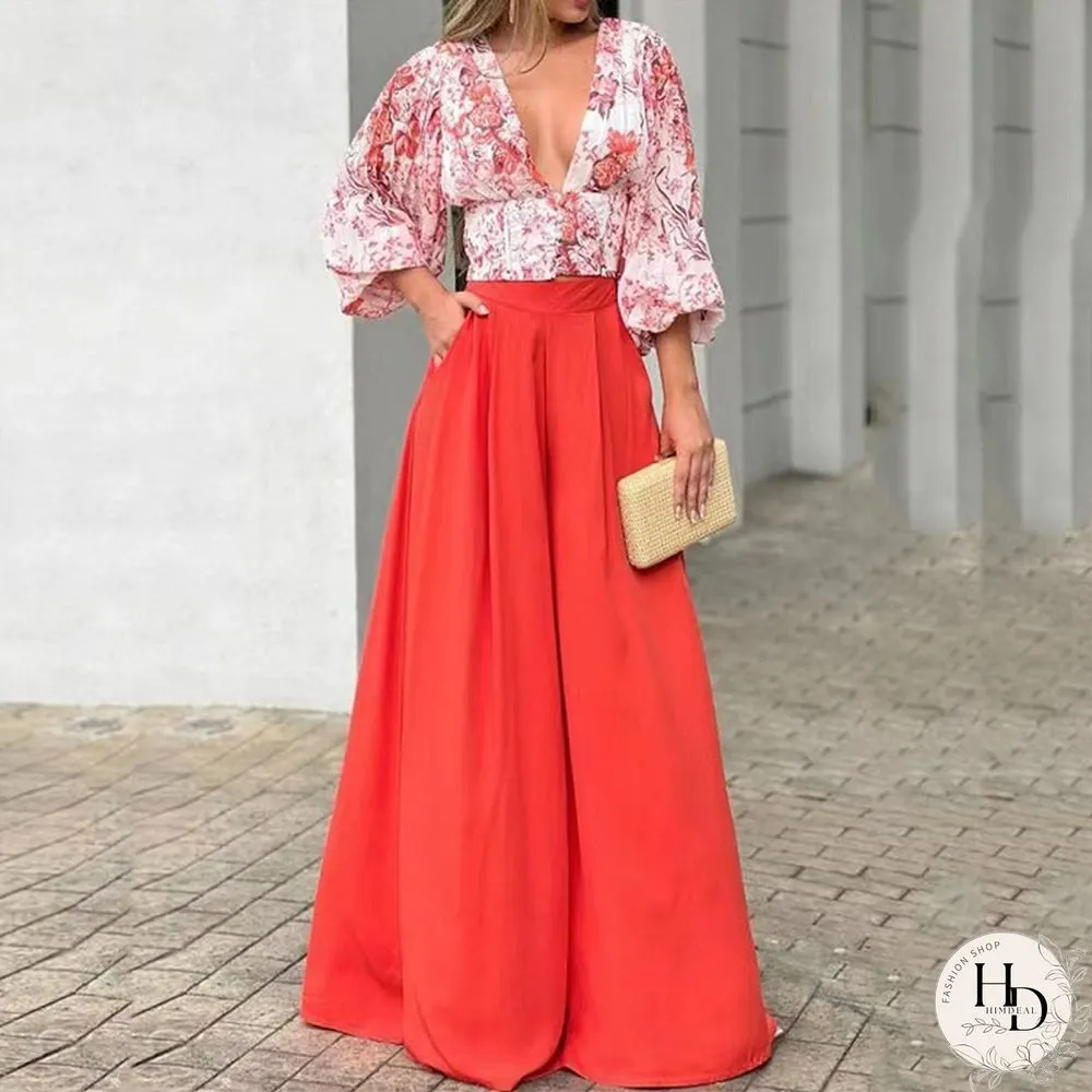 Sexy V-neck Print Blouse And Long Pants Outfits Women Elegant Puff Sleeve Two Piece Suit