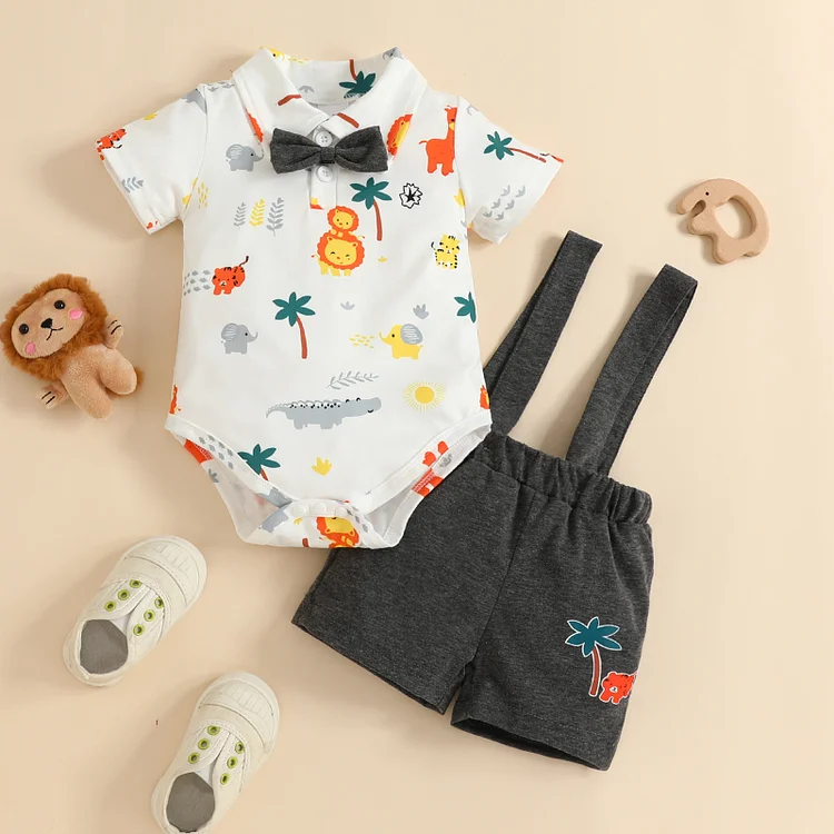 Baby Boy Print Bow Tie Romper Overall Set