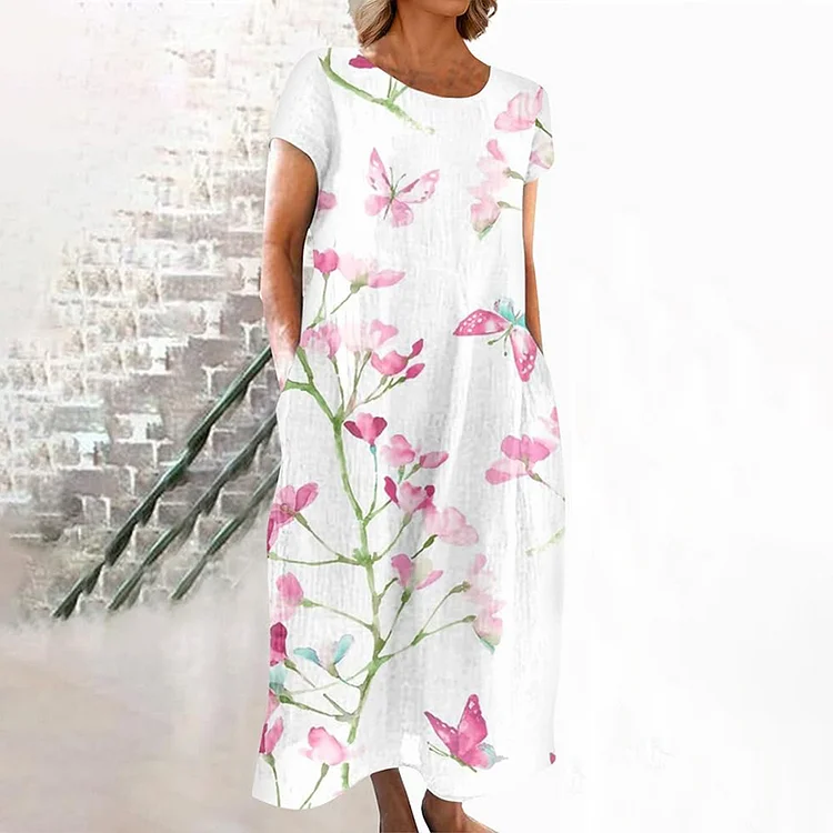 VChics Retro Blossom Japanese Linen Flowy Midi Dress
