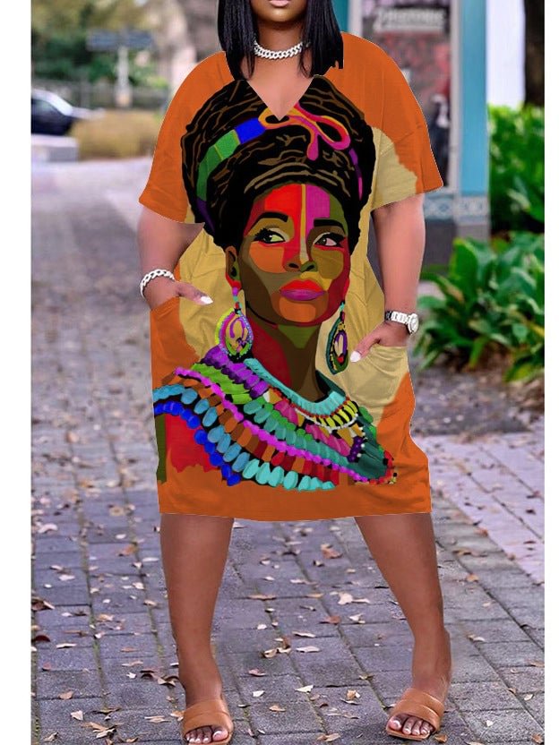 3D printed loose plus size v-neck mid-sleeve dress
