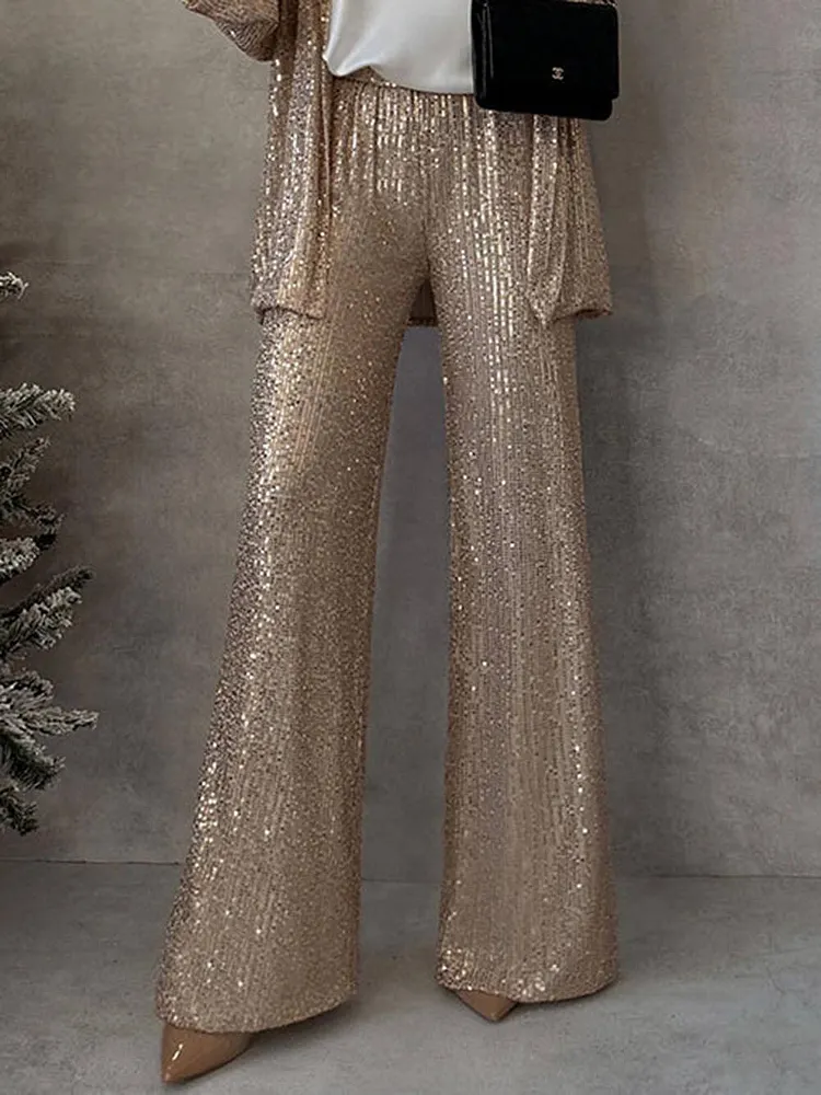 Unique Sequin Party Scene High Rise Elastic Waist Wide Leg Pants