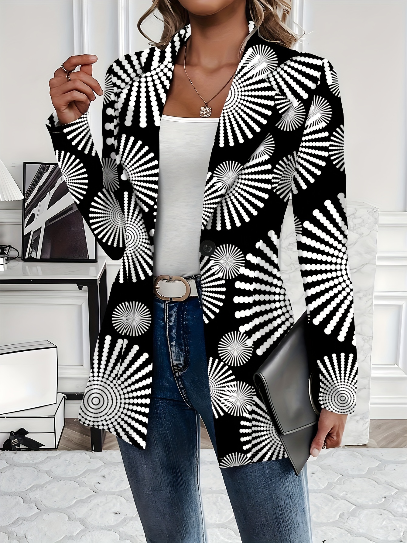 Women's Casual Abstract Print Blazer - Long Sleeve, Regular Fit, Polyester, Fall/Winter Fashion, Single Button, No Belt, Loose Fit Jacket With Button Details, Casual Jacket | Boclus Style | Polyester Jacke | IFYHOME
