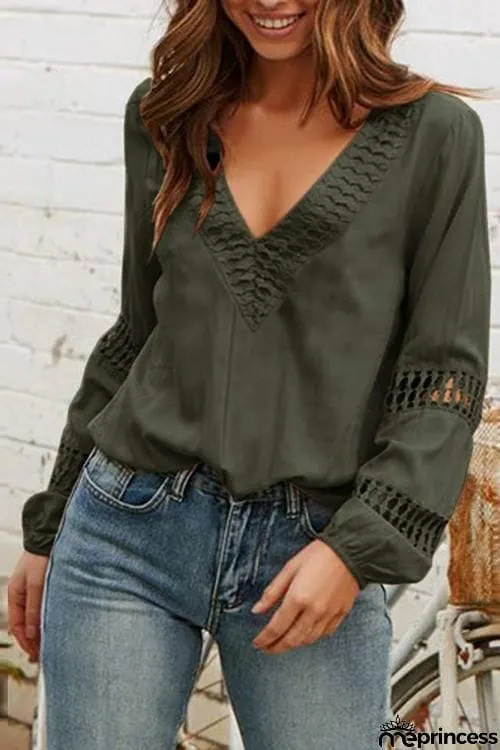 Hollow V Neck Puff Sleeve Blouse