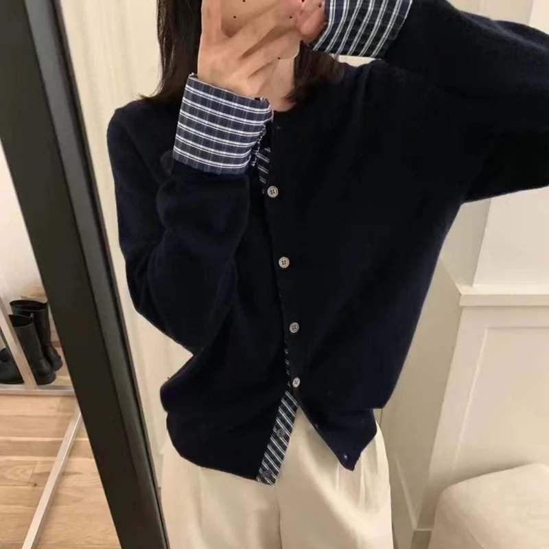 Churchf Churchf Patch Stitching Fake Two Cardigan Female 2024 New Single Breasted Thin Bottom Sweater Coat Female