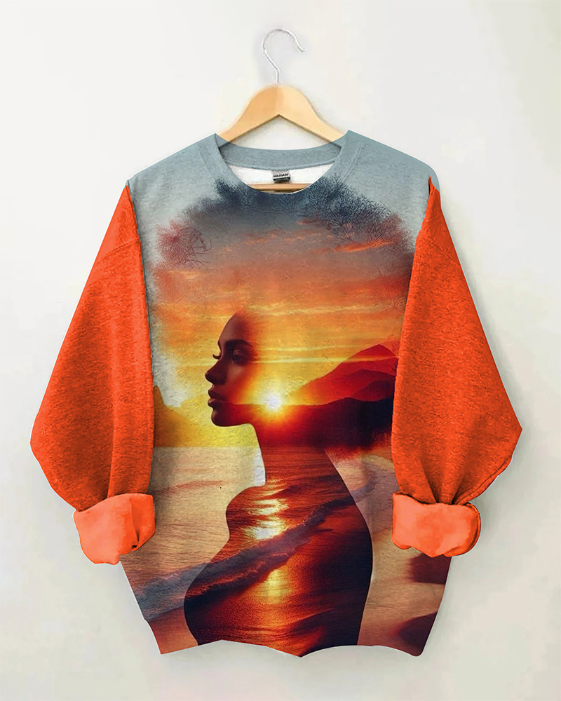 Black Girl Sunset Print Color Matching Personality Crew-neck Long Sleeve Hoodie