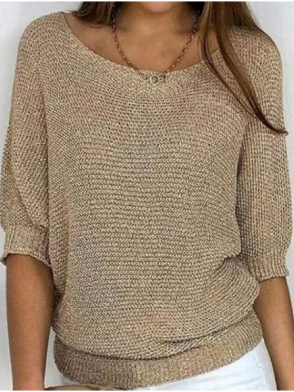 Solid Color Crew Neck Sweater For Women Elegant 3/4 Bat Sleeve Top
