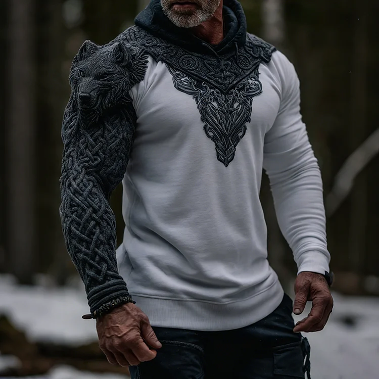 Men's Vintage Viking Wolf Print Casual Hoodie
